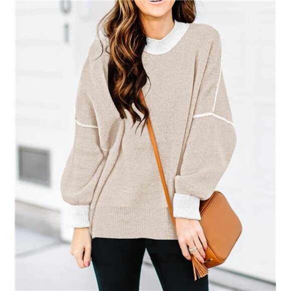 Womens Oversized Sweaters ‎ Batwing Sleeve Colorblock Knit Pullover Sweater Tops - Picture 3 of 6